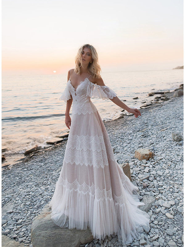 Long A-Line V Neck Lace Tulle Backless Wedding Dresses with Sleeves-showprettydress