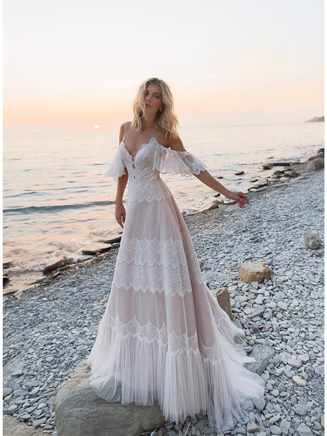 Long A-Line V Neck Lace Tulle Backless Wedding Dresses with Sleeves-showprettydress