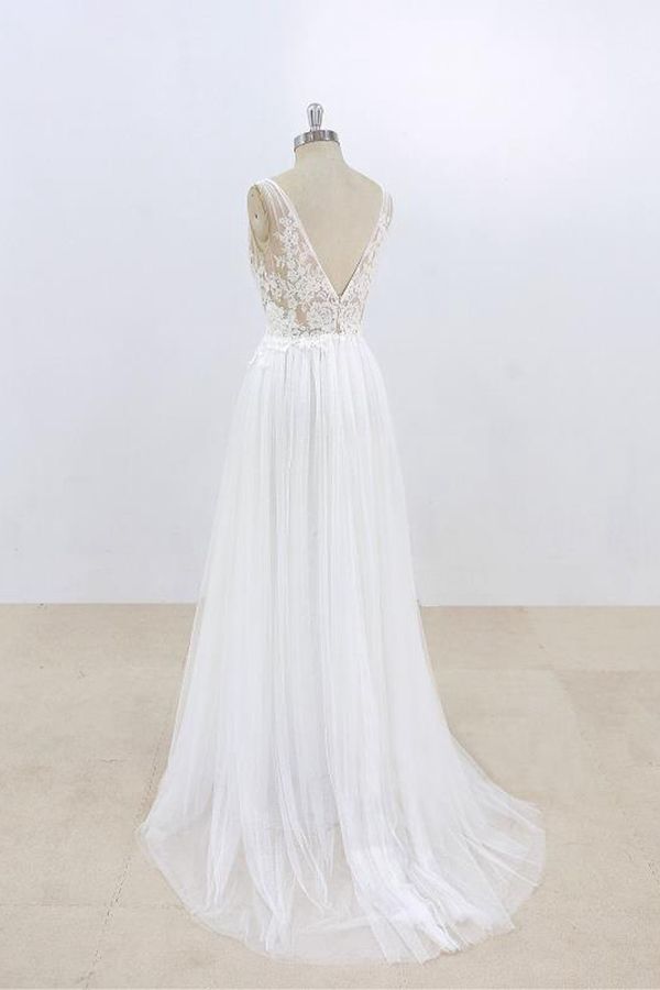 Long A-line V-neck Lace Tulle Open Back Wedding Dress-showprettydress