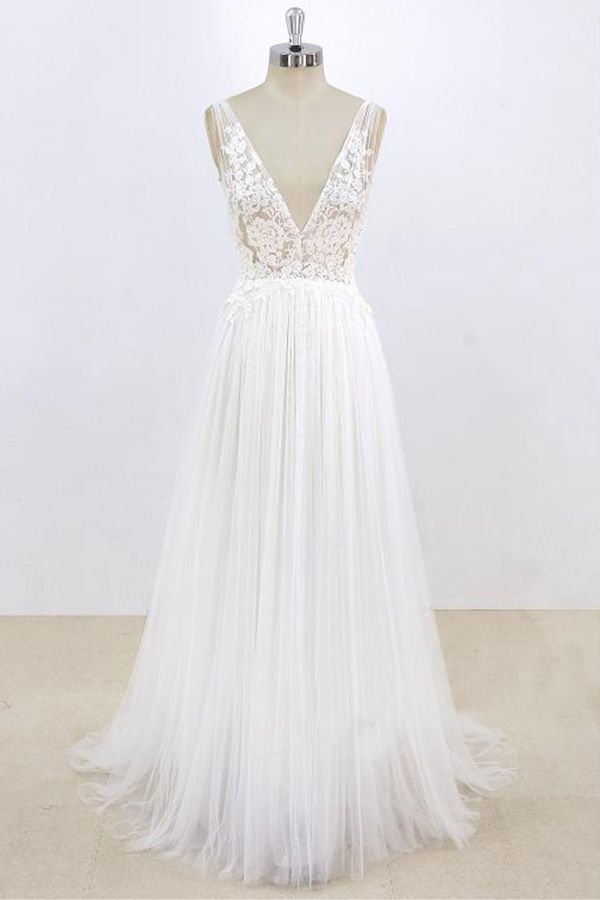 Long A-line V-neck Lace Tulle Open Back Wedding Dress-showprettydress