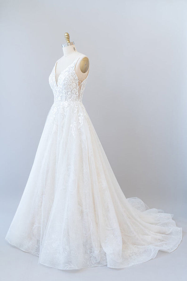 Long A-line V-neck Open Back Appliques Lace Tulle Wedding Dress-showprettydress