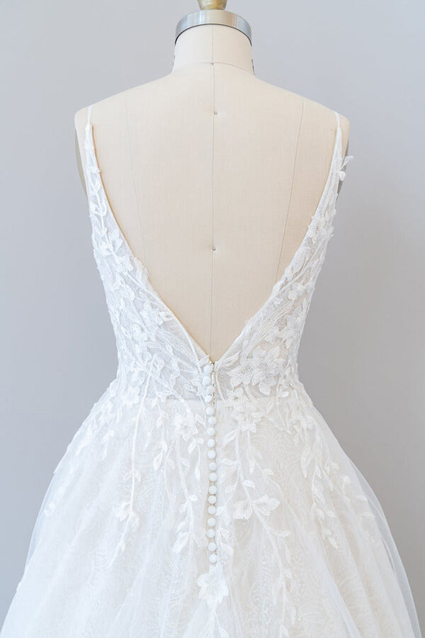 Long A-line V-neck Open Back Appliques Lace Tulle Wedding Dress-showprettydress