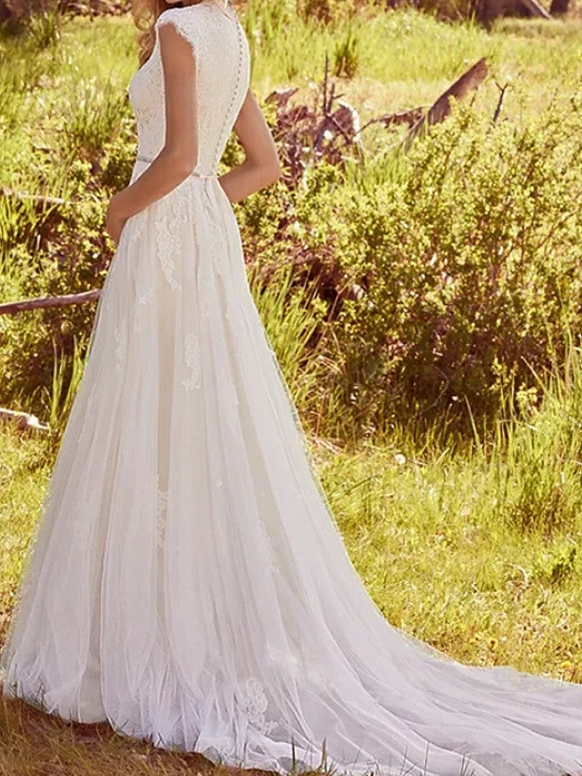 Long A-Line V Neck Regular Straps Lace Tulle Wedding Dresses-showprettydress