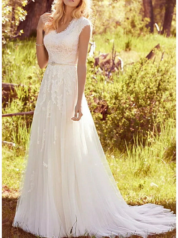 Long A-Line V Neck Regular Straps Lace Tulle Wedding Dresses-showprettydress
