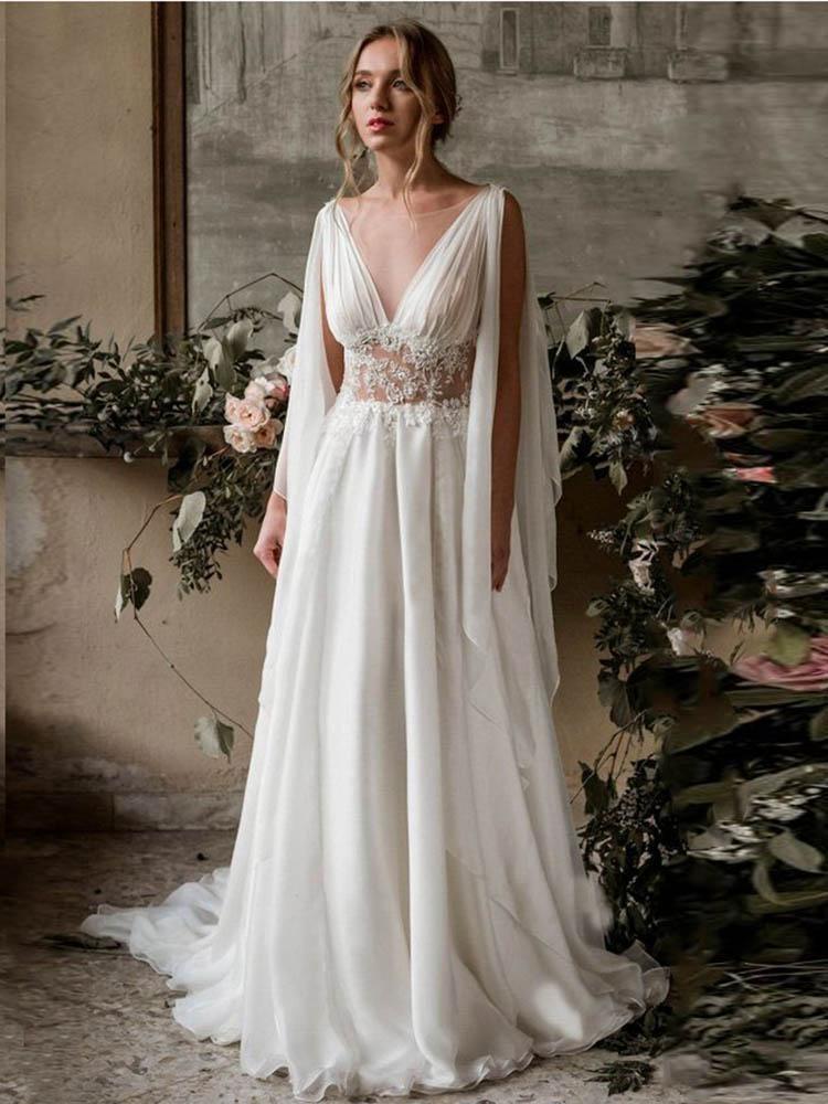 Long A-Line V-Neck Ruffles Chiffon Wedding Dresses-showprettydress