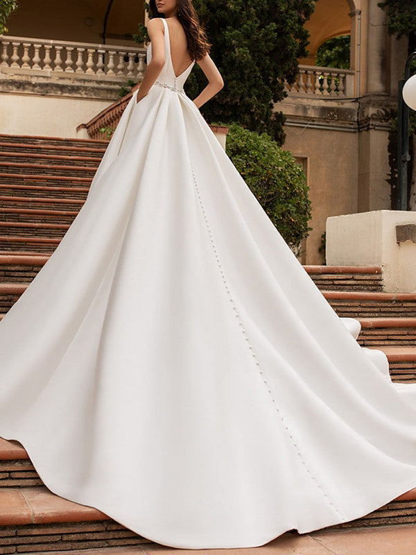 Long A-Line V Neck Satin Backless Wedding Dresses with Pockets-showprettydress