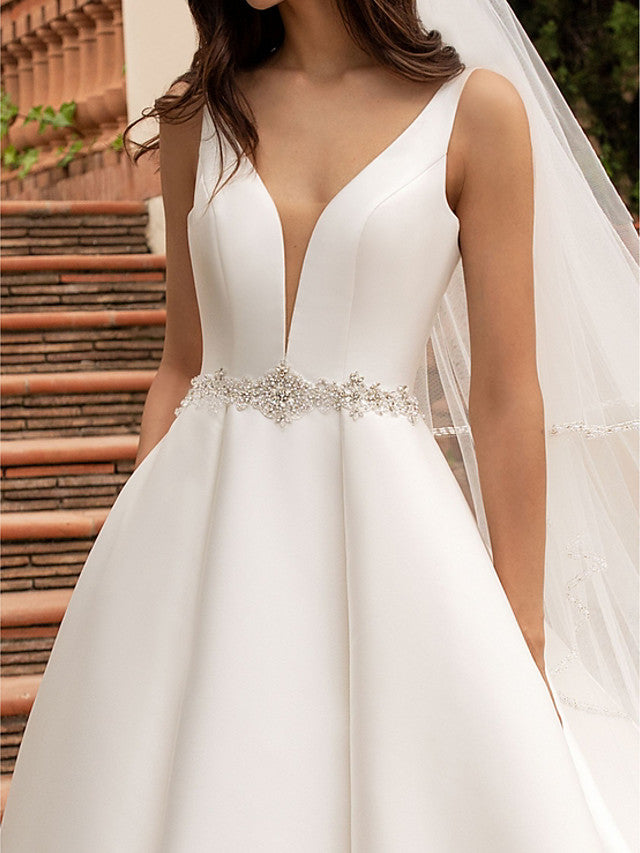 Long A-Line V Neck Satin Backless Wedding Dresses with Pockets-showprettydress