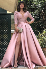 Long A-line V-neck Satin Lace Front Slit Prom Dress With Sleeves-showprettydress