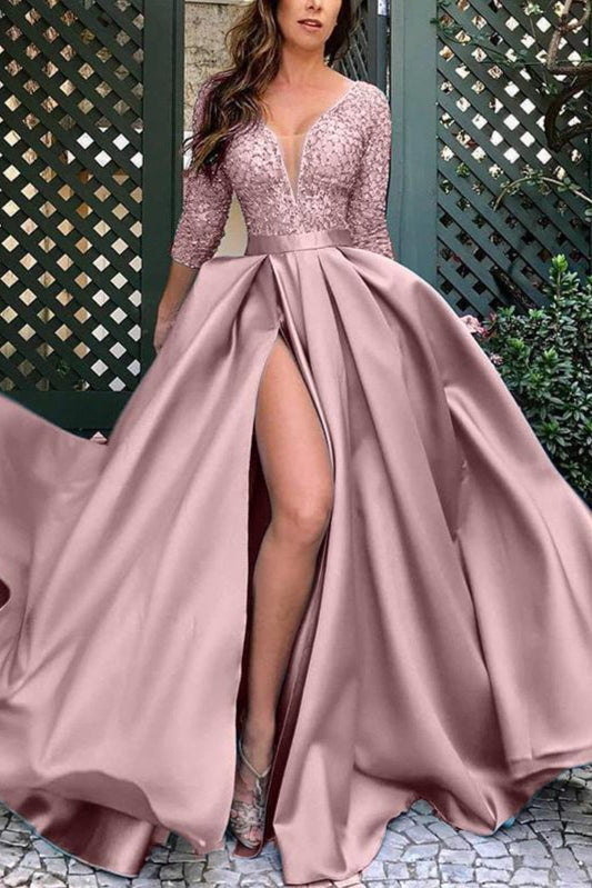 Long A-line V-neck Satin Lace Front Slit Prom Dress With Sleeves-showprettydress