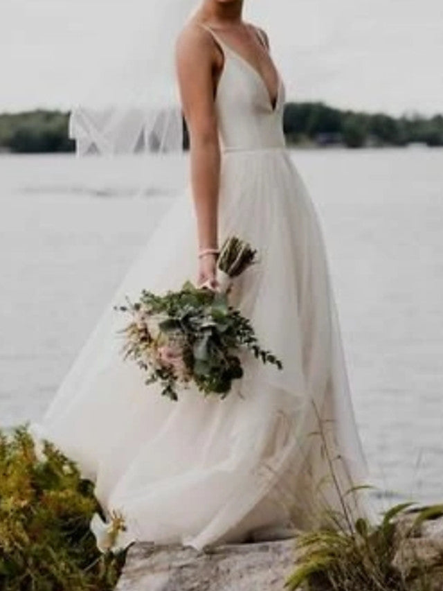 Long A-Line V Neck Satin Tulle Open Back Wedding Dresses-showprettydress
