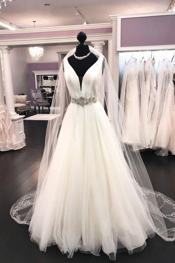 Long A-line V Neck Satin Tulle Wedding Dress-showprettydress