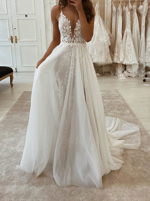 Long A-Line V Neck Spaghetti Strap Tulle Wedding Dresses with Slit-showprettydress