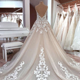 Long A-Line V-neck Spaghetti Straps Backless Appliques Lace Tulle Wedding Dress-showprettydress