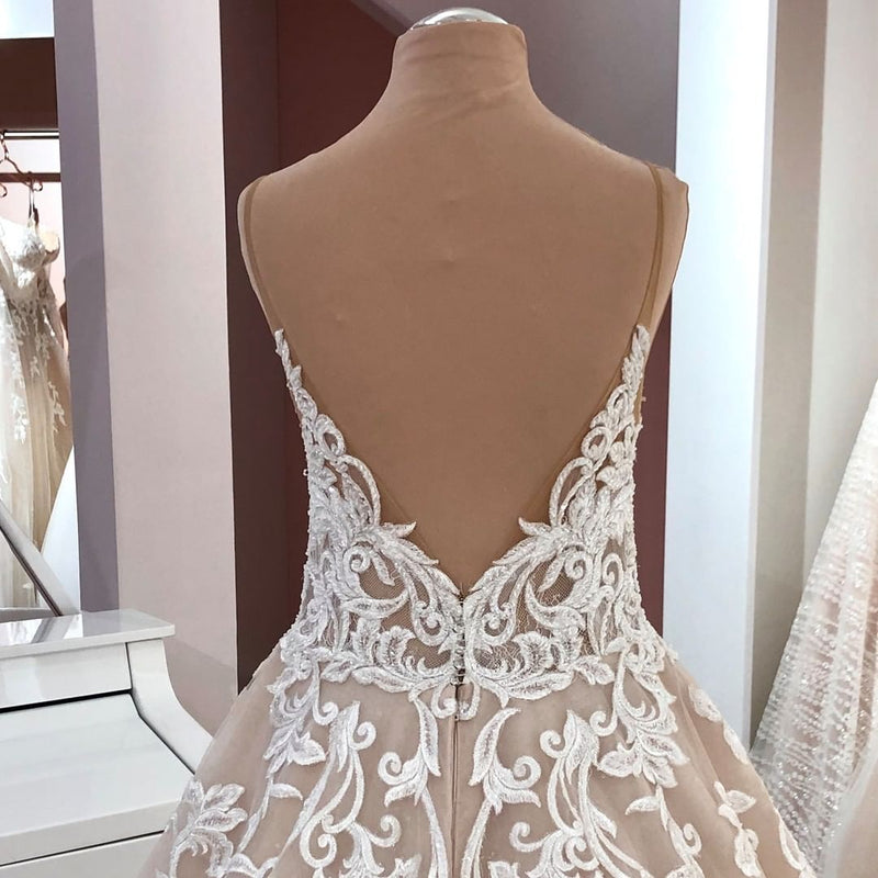 Long A-Line V-neck Spaghetti Straps Backless Appliques Lace Tulle Wedding Dress-showprettydress