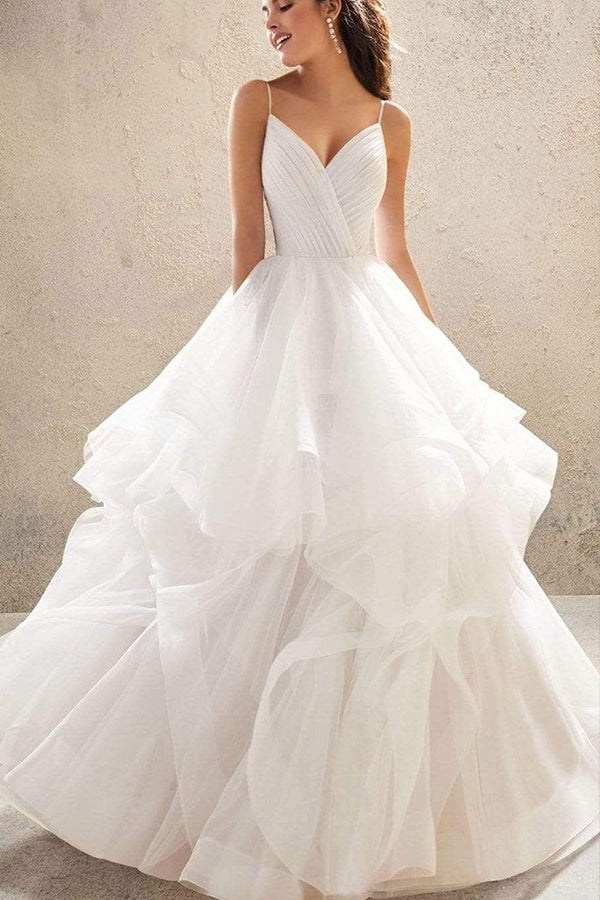 Long A-line V-neck Spaghetti Straps Backless Ruffles Tulle Wedding Dress-showprettydress