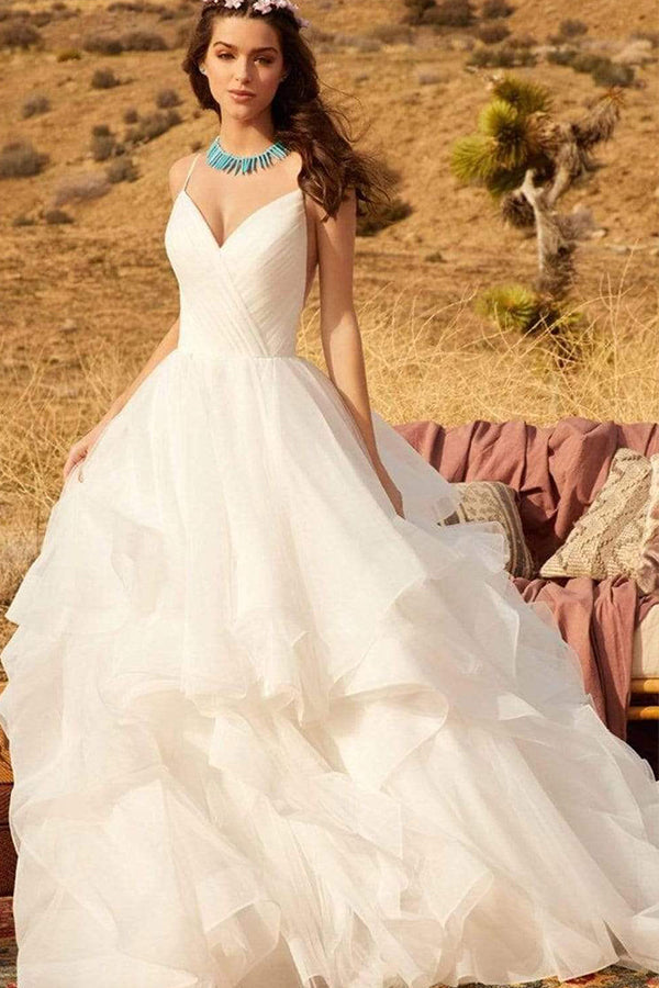 Long A-line V-neck Spaghetti Straps Backless Ruffles Tulle Wedding Dress-showprettydress