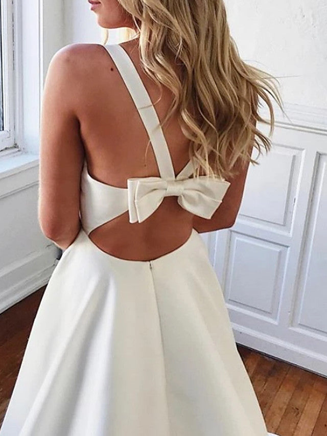Long A-Line V Neck Stretch Satin Backless Wedding Dresses with Pockets-showprettydress