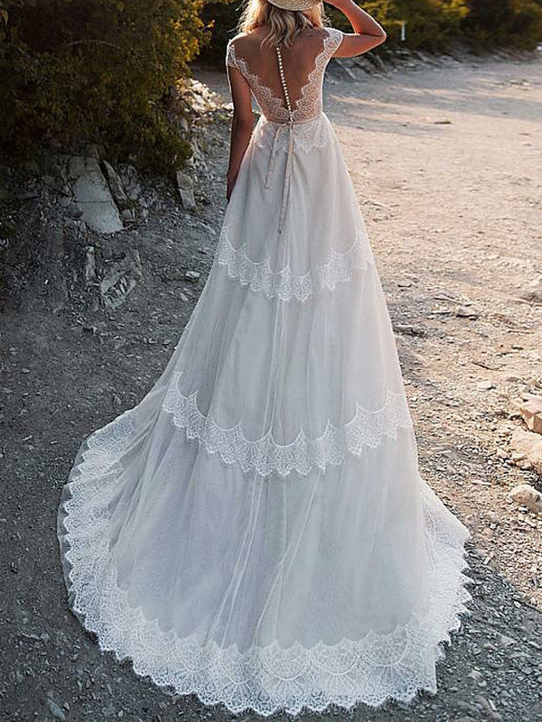Long A-Line V Neck Sweep Brush Train Tulle Backless Wedding Dresses-showprettydress