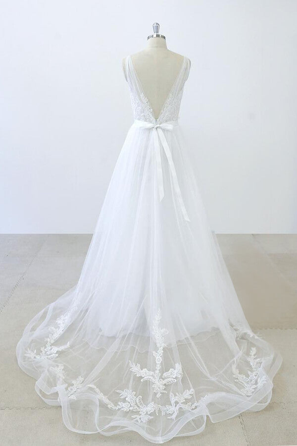 Long A-line V-neck Sweetheart Ruffle Applqiues Tulle Backless Wedding Dress-showprettydress