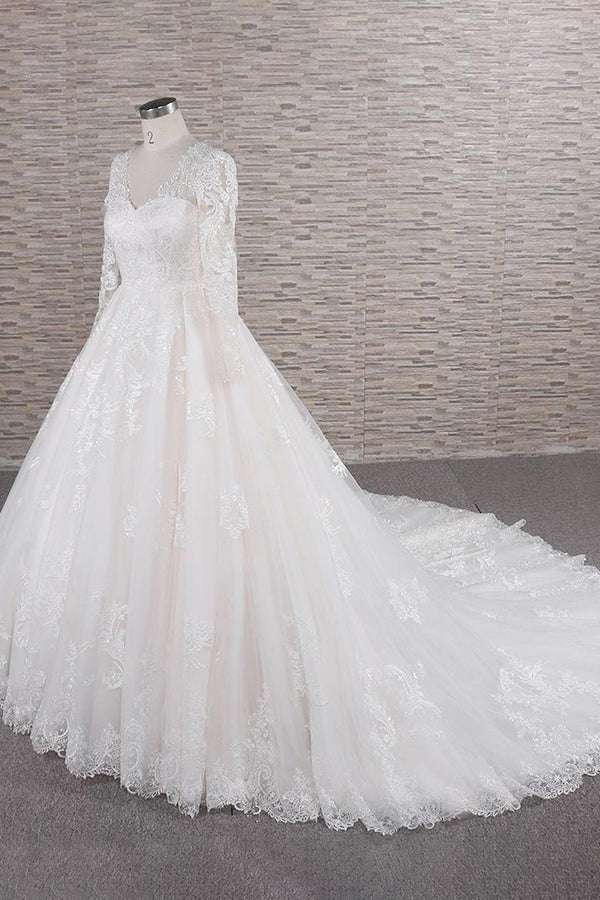 Long A-line V-neck Tulle Appliques Lace Wedding Dress with Sleeves-showprettydress