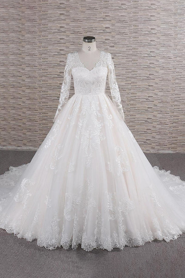 Long A-line V-neck Tulle Appliques Lace Wedding Dress with Sleeves-showprettydress