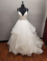 Long A-line V-neck Tulle Backless Wedding Dress-showprettydress