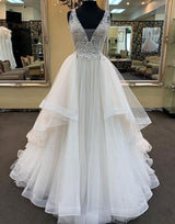 Long A-line V-neck Tulle Lace Wedding Dress-showprettydress