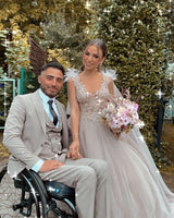 Long A-line V-neck Tulle Lace Wedding Dress with Fur Tulle Sweet Cape-showprettydress
