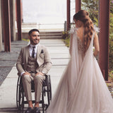 Long A-line V-neck Tulle Lace Wedding Dress with Fur Tulle Sweet Cape-showprettydress