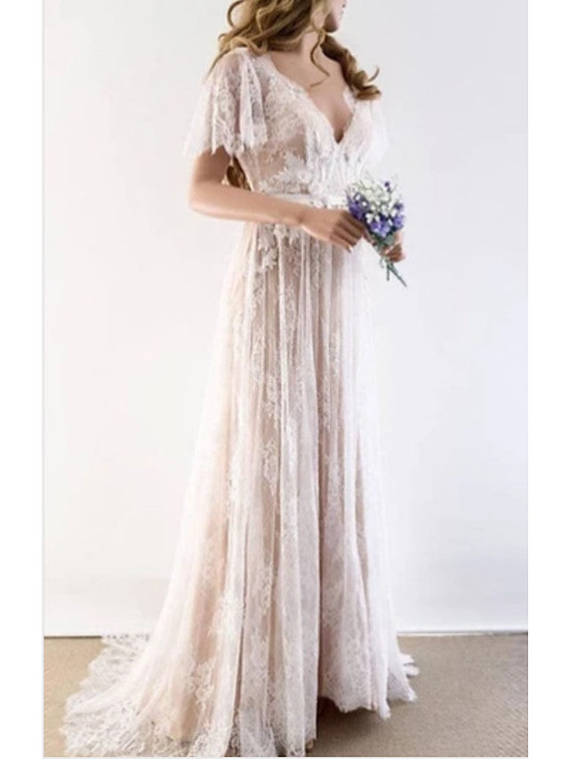Long A-Line V Neck Tulle Lace Wedding Dresses with Sleeves-showprettydress