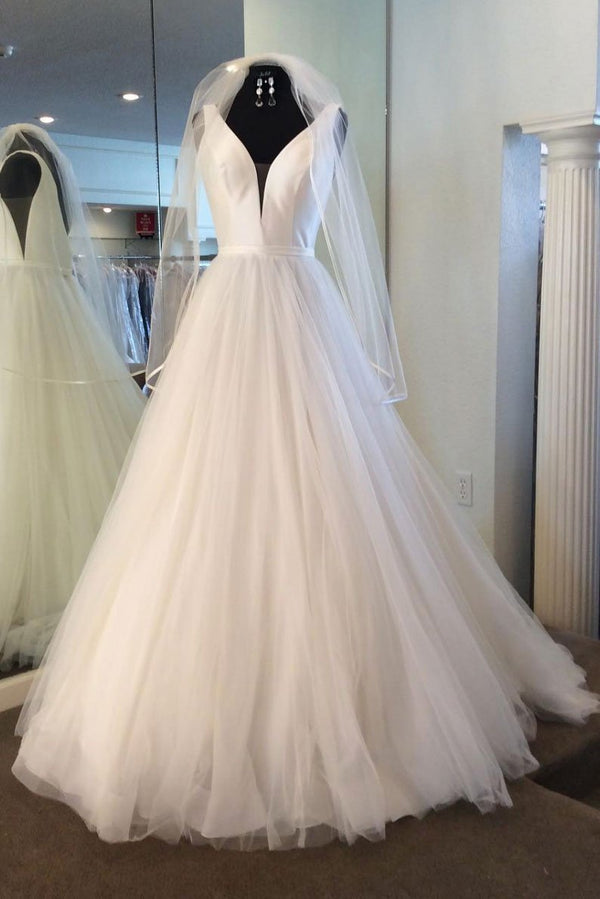 Long A-line V Neck Tulle Satin Wedding Dress-showprettydress