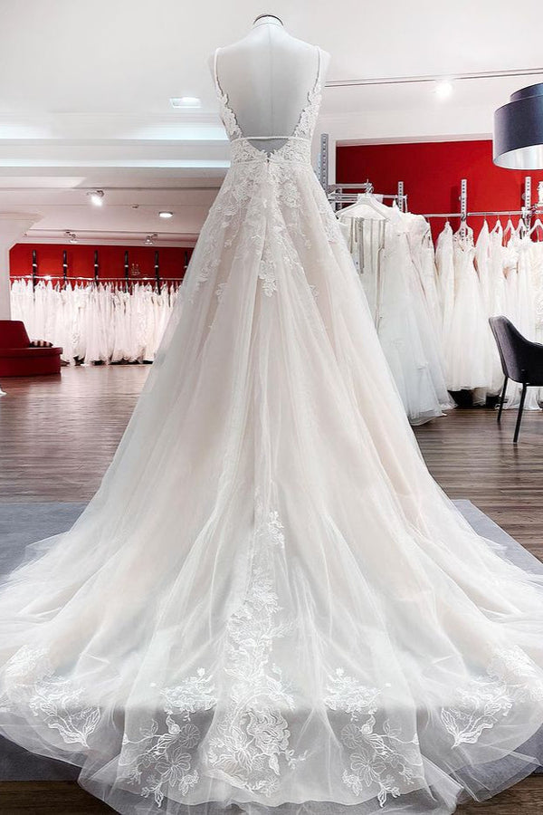 Long A-line V-neck Tulle Sleeveless Appliques Lace Backless Wedding Dress-showprettydress