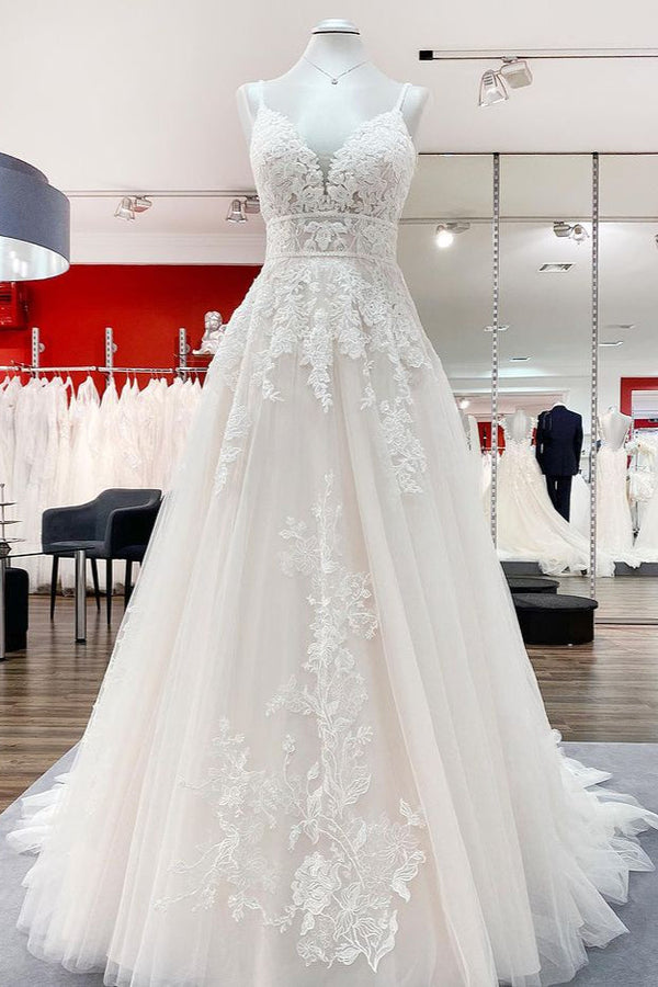 Long A-line V-neck Tulle Sleeveless Appliques Lace Backless Wedding Dress-showprettydress
