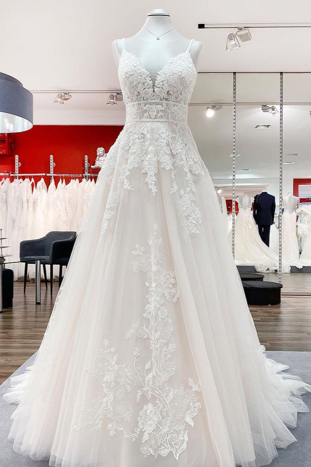 Long A-line V-neck Tulle Sleeveless Appliques Lace Backless Wedding Dress-showprettydress