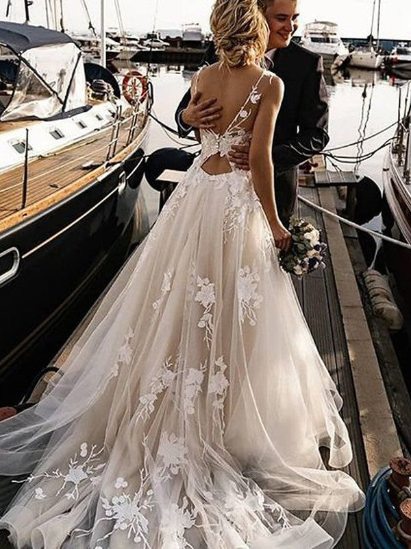 Long A-Line V Neck Tulle Spaghetti Strap Backless Wedding Dresses-showprettydress