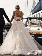 Long A-Line V Neck Tulle Spaghetti Strap Backless Wedding Dresses-showprettydress