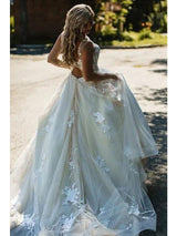Long A-Line V Neck Tulle Spaghetti Strap Backless Wedding Dresses-showprettydress