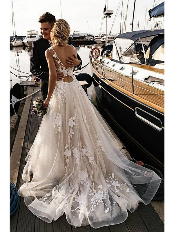 Long A-Line V Neck Tulle Spaghetti Strap Backless Wedding Dresses-showprettydress