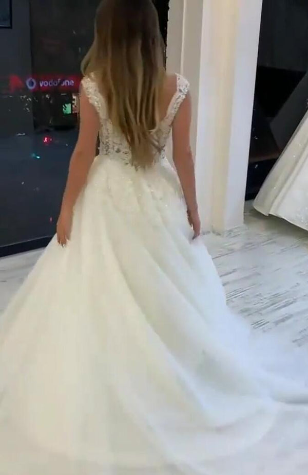 Long A-Line V-neck Wide Straps Appliques Lace Pearl Tulle Wedding Dress-showprettydress