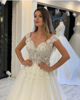 Long A-Line V-neck Wide Straps Appliques Lace Pearl Tulle Wedding Dress-showprettydress
