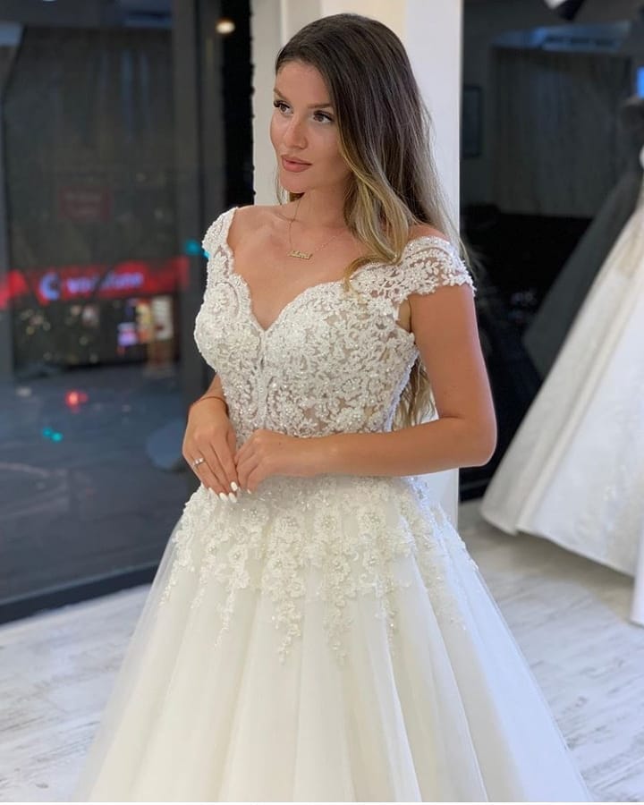 Long A-Line V-neck Wide Straps Appliques Lace Pearl Tulle Wedding Dress-showprettydress