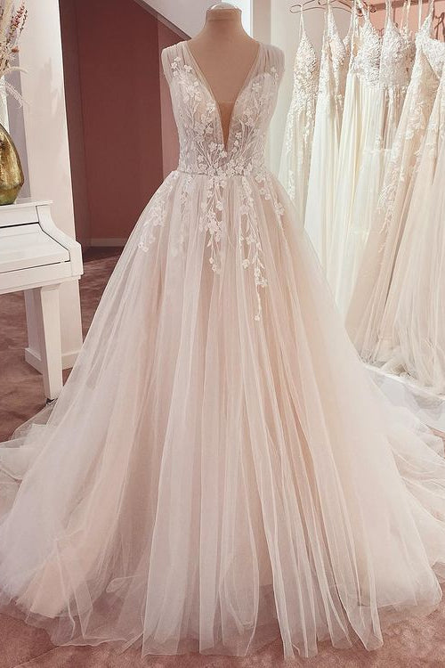 Long A-Line V-neck Wide Straps Appliques Lace Tulle Wedding Dress-showprettydress