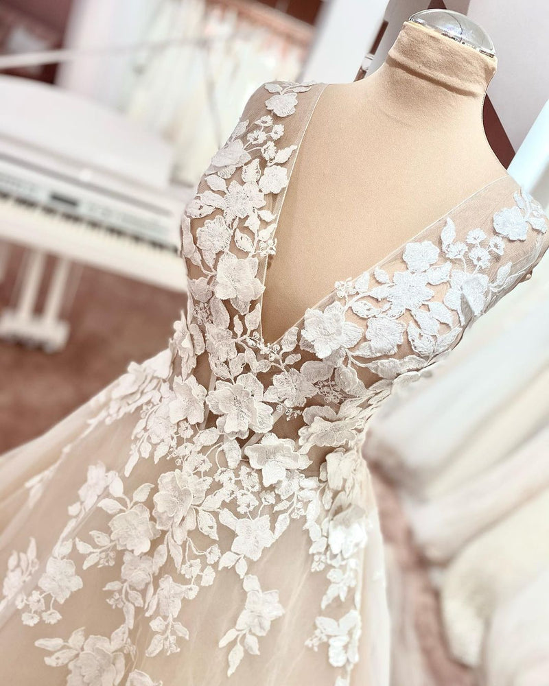 Long A-Line V-neck Wide Straps Backless Appliques Lace Tulle Wedding Dress-showprettydress