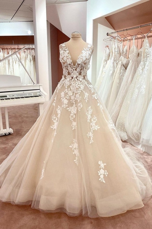 Long A-Line V-neck Wide Straps Backless Appliques Lace Tulle Wedding Dress-showprettydress