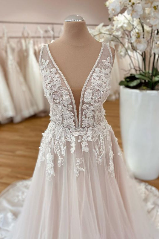 Long A-Line Wide Straps Tulle Floral Lace Wedding Dress-showprettydress