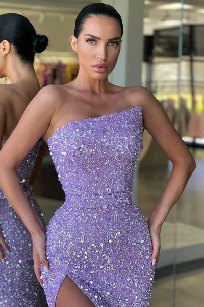 Long Asymmetrical Mermaid Sequined Floor-length Open Back Prom Dress with High Split-showprettydress
