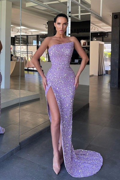 Long Asymmetrical Mermaid Sequined Floor-length Open Back Prom Dress with High Split-showprettydress
