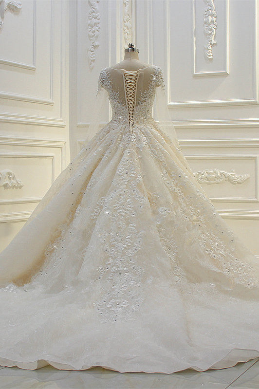 Long Ball Gown Beading Bateau Appliques Lace Wedding Dress with Sleeves-showprettydress