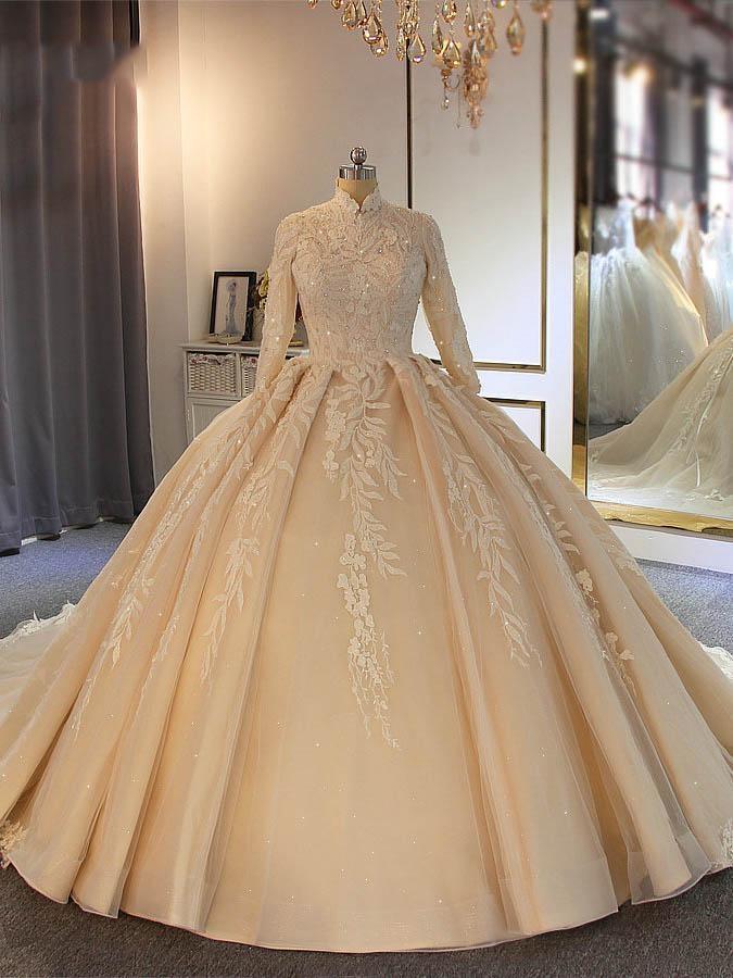 Long Ball Gown High Neck Tulle Lace Wedding Dresses with Sleeves-showprettydress