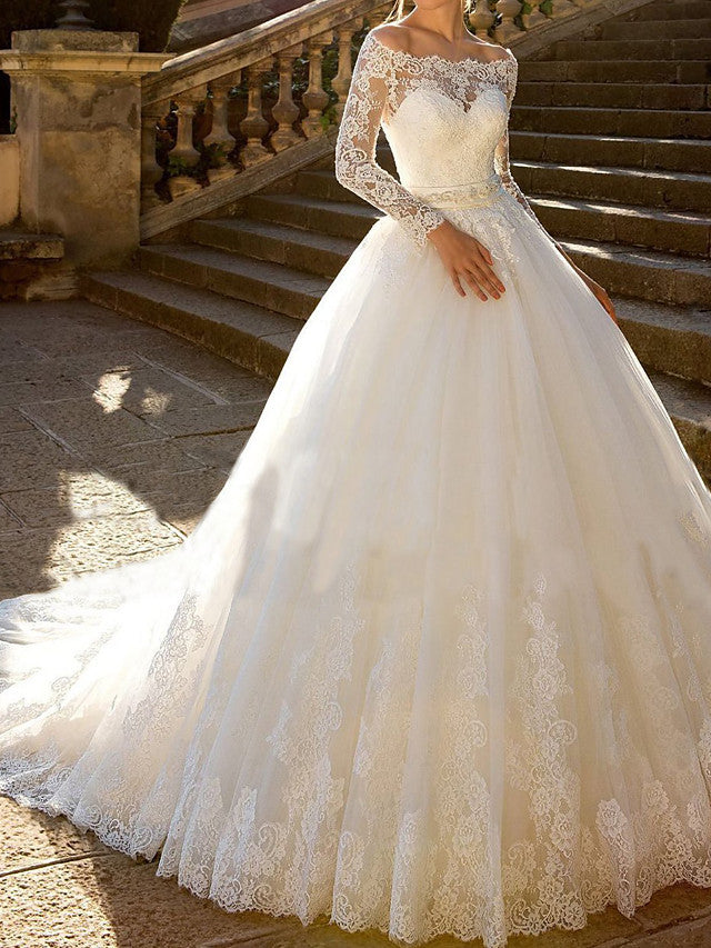 Long Ball Gown Off the Shoulder Lace Tulle Wedding Dresses with Sleeves-showprettydress